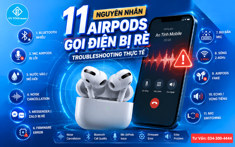 Phân tích 11 nguyên nhân gây lỗi mic AirPods bị rè bao gồm nhiễu sóng Bluetooth, bụi bẩn lưới lọc và lỗi firmware.
