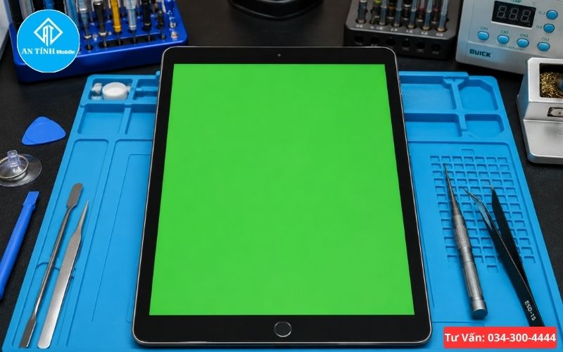 Ảnh chụp thực tế một chiếc iPad đang bật nguồn nhưng toàn bộ màn hình hiển thị màu xanh lá, xung quanh có các công cụ sửa chữa chuyên dụng.