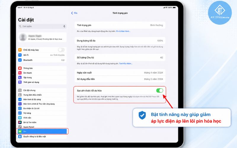 Giao diện cài đặt tính năng Sạc pin được tối ưu hóa trên iPadOS giúp giảm áp lực điện áp lên lõi pin hóa học hướng dẫn cách sạc pin iPad đúng cách.