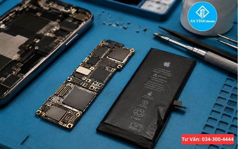 Kỹ thuật viên An Tính Mobile kiểm tra cấu trúc linh kiện và mainboard bên trong iPhone
