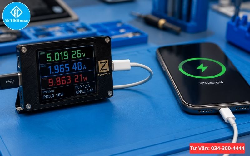 Thiết bị đo dòng điện chuyên dụng kiểm tra lỗi chân sạc iPhone tại An Tính Mobile