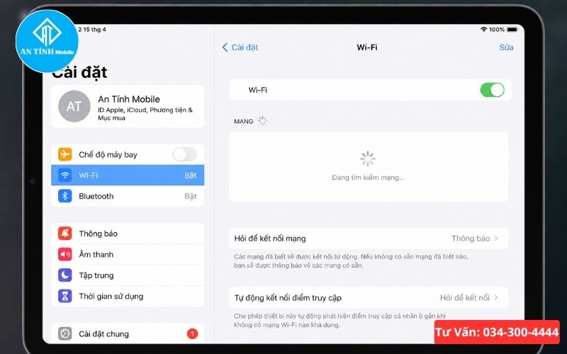 iPad không dò được WiFi, màn hình cài đặt xoay vòng tìm kiếm vô tận