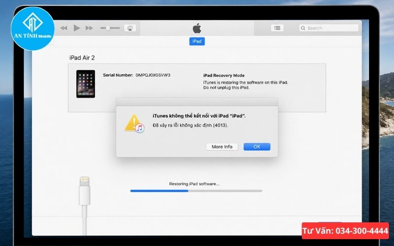 iPad lỗi 4013 hiển thị thông báo lỗi trên màn hình máy tính