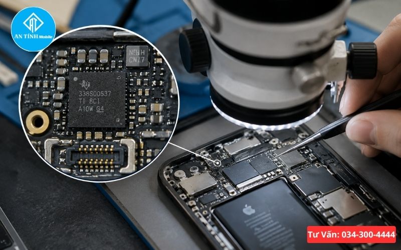 Kỹ thuật viên kiểm tra linh kiện bo mạch và chip IC sạc iPhone bị lỗi gây sạc chậm trên máy cấp nguồn