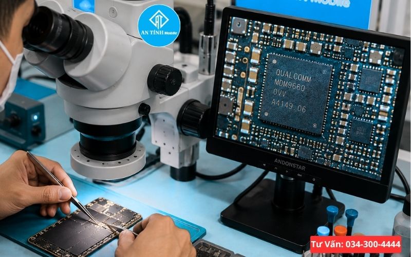 Kỹ thuật viên kiểm tra IC sóng và Baseband trên mainboard iPhone dưới kính hiển vi.