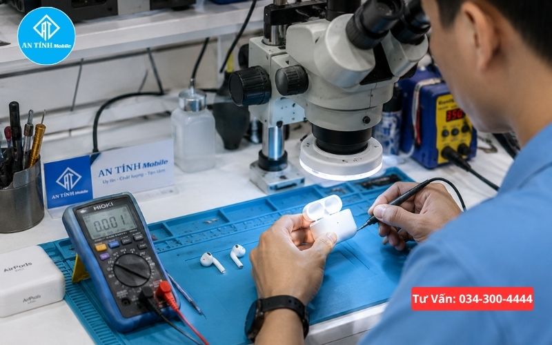 Kỹ thuật viên An Tính Mobile đang kiểm tra vi mạch sửa AirPods không kết nối tại Thủ Đức