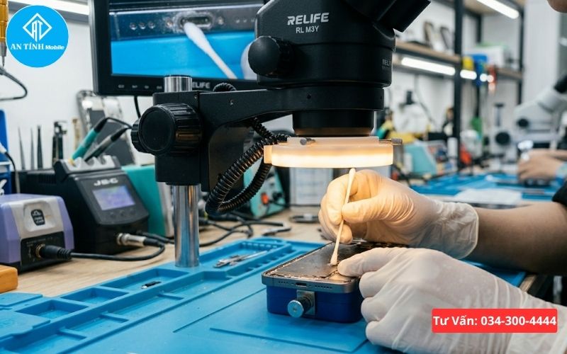 Kỹ thuật viên An Tính Mobile đang vệ sinh chân sạc iPhone cho khách hàng tại Thủ Đức