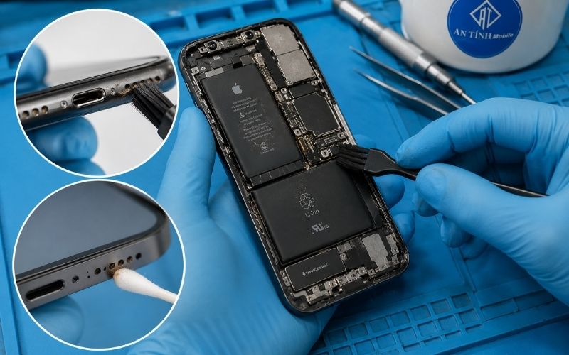 Kỹ thuật viên An Tính Mobile dùng dụng cụ chuyên dụng vệ sinh sạch bụi bẩn trong cổng sạc iPhone