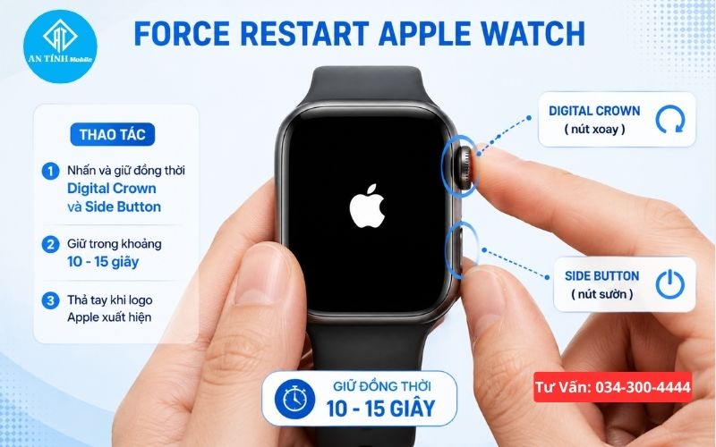 Hướng dẫn nhấn giữ hai nút để buộc khởi động lại Apple Watch bị loạn cảm ứng