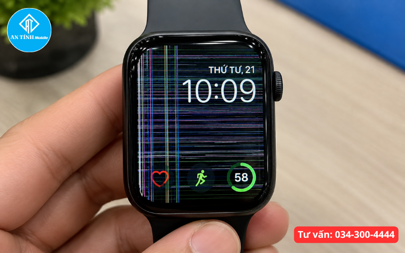 Apple Watch bị sọc màn hình với các đường sọc ngang dọc hiển thị trên mặt đồng hồ