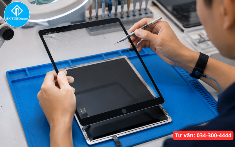 Kỹ thuật viên An Tính Mobile đang kiểm tra phôi hiển thị và mặt kính iPad vỡ kính