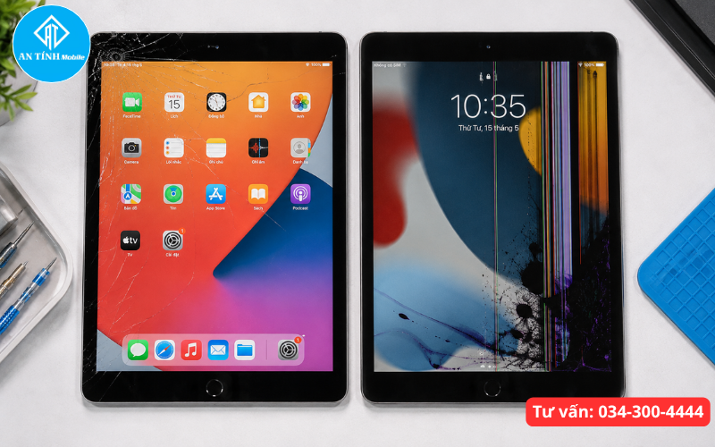 So sánh sự khác biệt giữa iPad vỡ kính ngoài và iPad bị vỡ phôi hiển thị