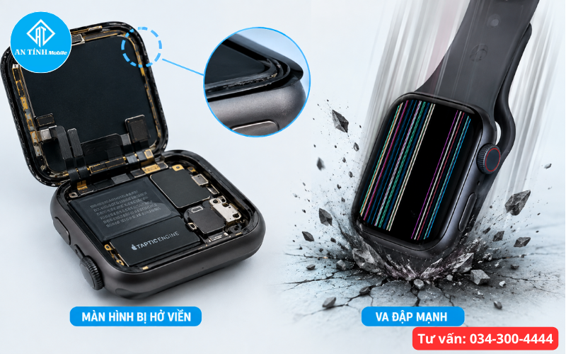 Chi tiết cổ cáp và cấu tạo màn hình Apple Watch bị tác động ngoại lực