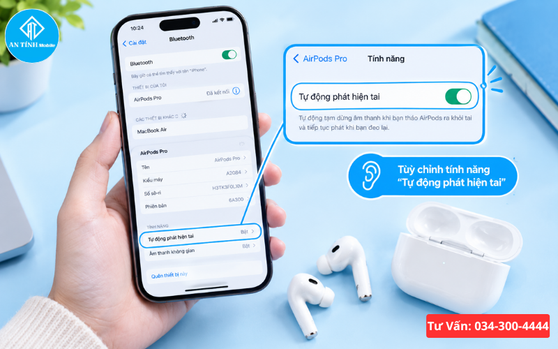 Giao diện cài đặt tính năng tự động phát hiện tai cho AirPods trên iPhone